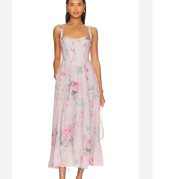 Bardot Dresses & Skirts - Bardot Pink Floral Corset Midi Dress Linen Blend Sleeveless Sweetheart Size 6